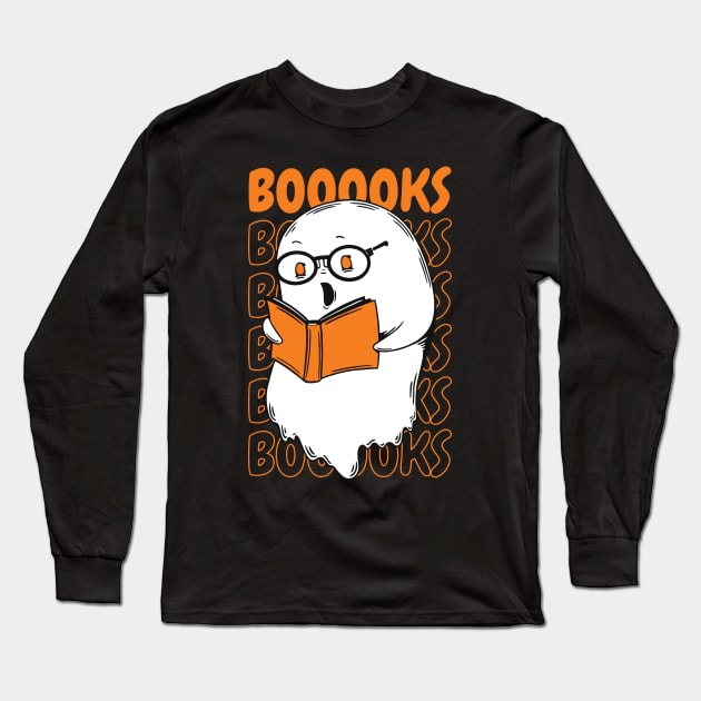 Funny Cartoon Ghost Reading Books // Ghost Booooks Boo Funny Halloween Long Sleeve T-Shirt by SLAG_Creative